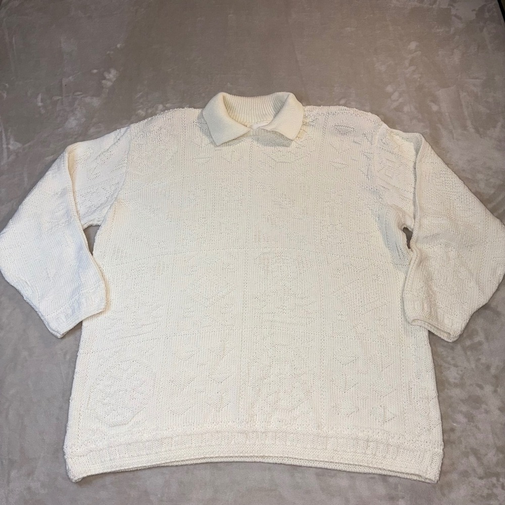 Alfred Dunner Vintage Cream White Textured Knit Collar Sweater XL USA Grannycore